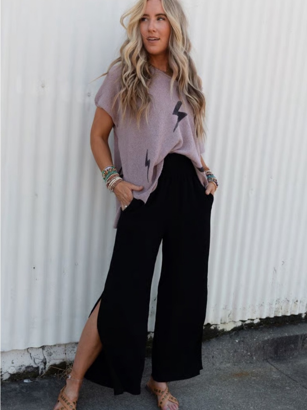 Three Bird Nest Black Wide Leg Pants with Slits